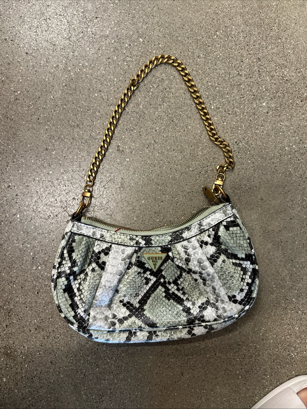 Guess Mint And White Snake-Print Mini Shoulder Bag With Gold Chain